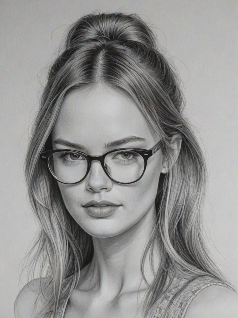 Gorgeous Behati Prinsloo, pencil sketch, portrait of Lovely woman 1966s in glasses, hair style beatnik, outline, clear lines, fine lines, 8k
