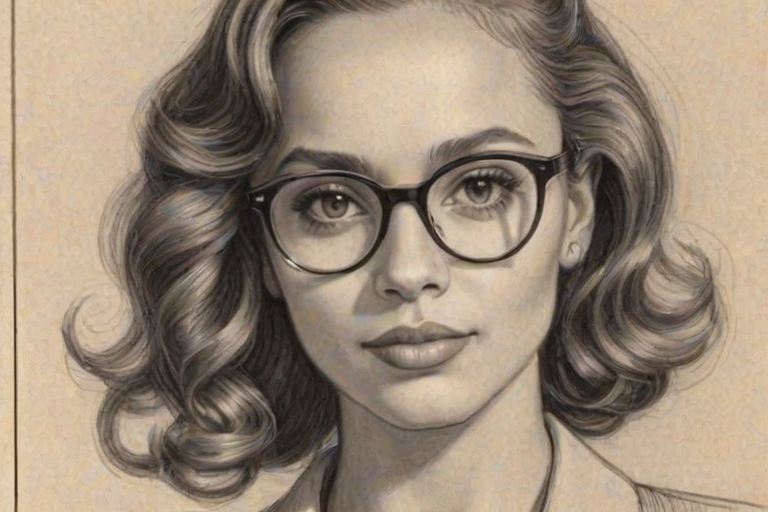 Splendid Vanessa Morgan, pencil sketch, portrait of Delightful woman 1930s in glasses, hair style beatnik, outline, clear lines, fine lines, 8k