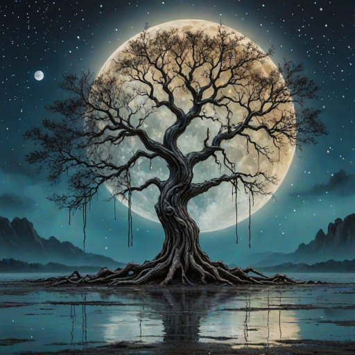 painting of a tree with a full moon in the background and water dripping from its branches, fantasy art, alcohol ink, 3D, 4K, HDRi