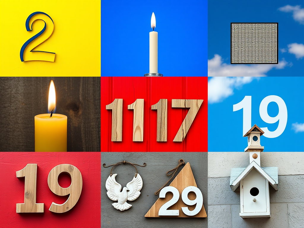 Create a high-resolution grid image featuring numbers: 2 in yellow paint, 3 as a candle, 5 in blue sky, 7 on a digital display, 11 carved in wood, 13 on a red background, 17 on a gray wall, 19 as a dove plaque, 23 in white stone, and 29 on a birdhouse, using a DSLR camera, 50mm lens, f/2.8 aperture, ISO 200, and natural lighting.