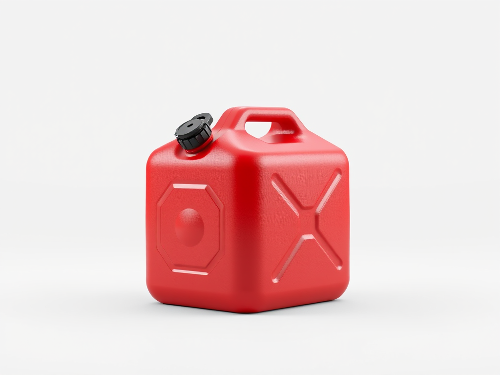 Create a high-resolution 3D rendering of a red jerry can with a black spout, viewed from a slightly elevated angle, using a DSLR camera with a 50mm lens, aperture f/2.8, ISO 100, and focal length 50mm, with soft studio lighting and a white background for an enhanced, realistic look.