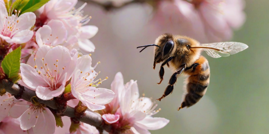 Sharp, high-resolution close-up of a bee hovering over a blooming cherry blossom, soft pink petals contrasting with the vibrant green leaves in the background.