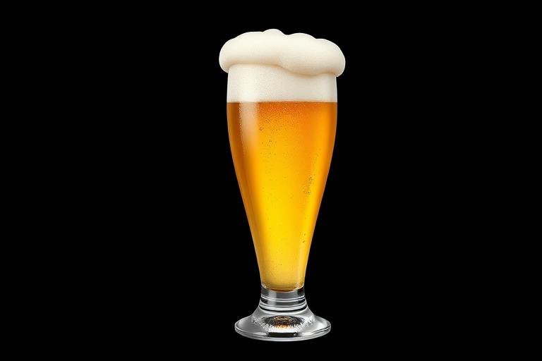 Create an illustration of a frothy beer glass with a golden yellow liquid, thick white foam spilling over the rim, set against a plain black background, using a Canon EOS 5D Mark IV, aperture f/2.8, shutter speed 1/60s, ISO 100, and a slightly elevated angle for a dynamic view.