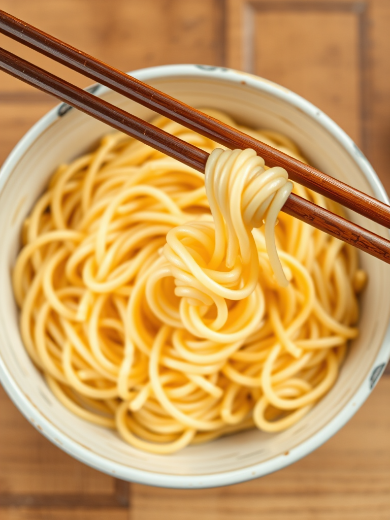 Create a high-resolution image of a bowl of spiral noodles with chopsticks, shot in natural light at f/2.8 with a 50mm lens, using a shallow depth of field and top-down view to focus on the texture and patterns of the noodles.