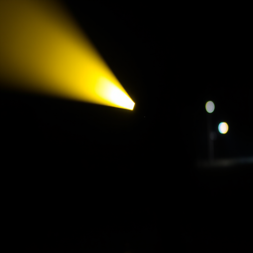 Create an image of a silhouette of a person walking with a flashlight, the beam of light is bright yellow, with a blurred background, shot in low light conditions using a DSLR camera with a 50mm lens, aperture set to f/1.8, ISO 800, and a shutter speed of 1/60 seconds.