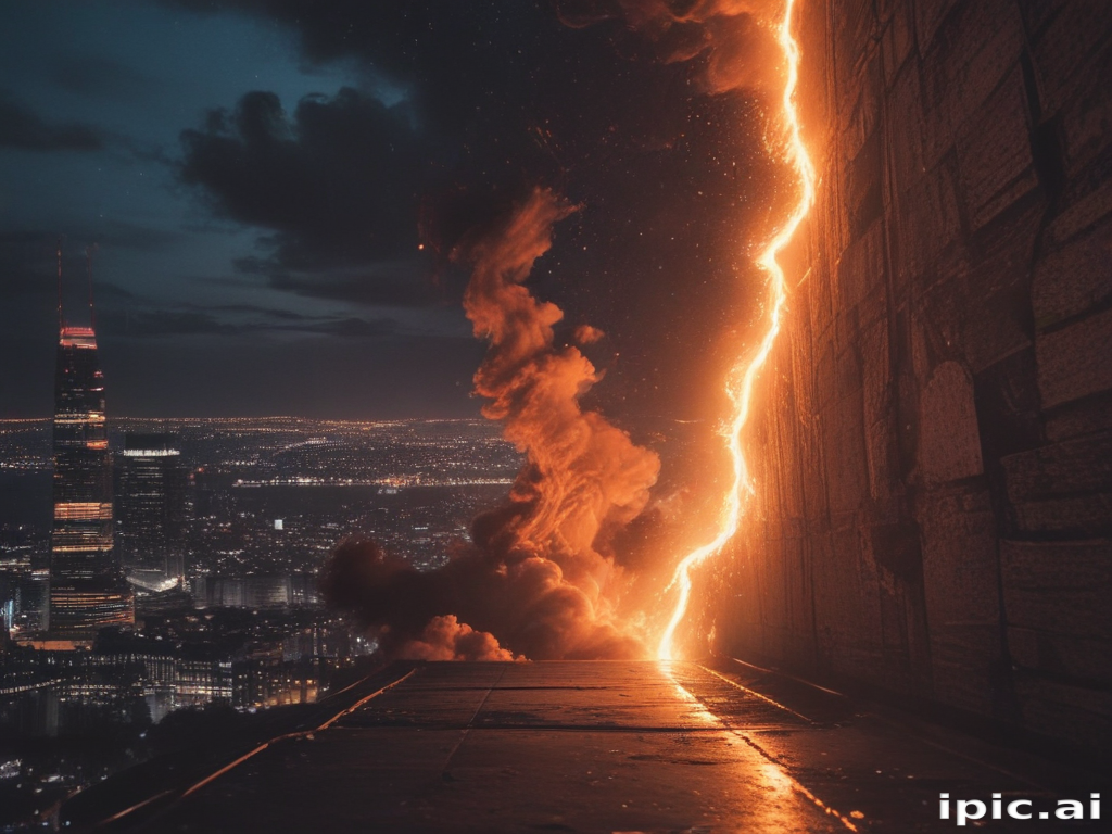 Spectacular Cityscape at Night with Dramatic Lightning and Fiery Sky