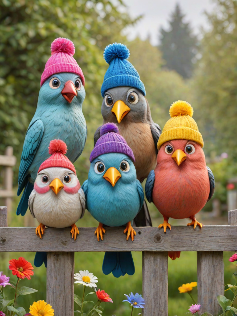 create a scene of 4 quirky  whimsical colourful comical birds each with a funny expression. they are sat on a wooden fence with colourful flowers. they are all different sizes. each one is a different colour  one is wearing a woolly hat. Each one has a different quirky google expression and there is a muted background of trees watercolour paintierly style high definition 8k resolution 3D paper mache