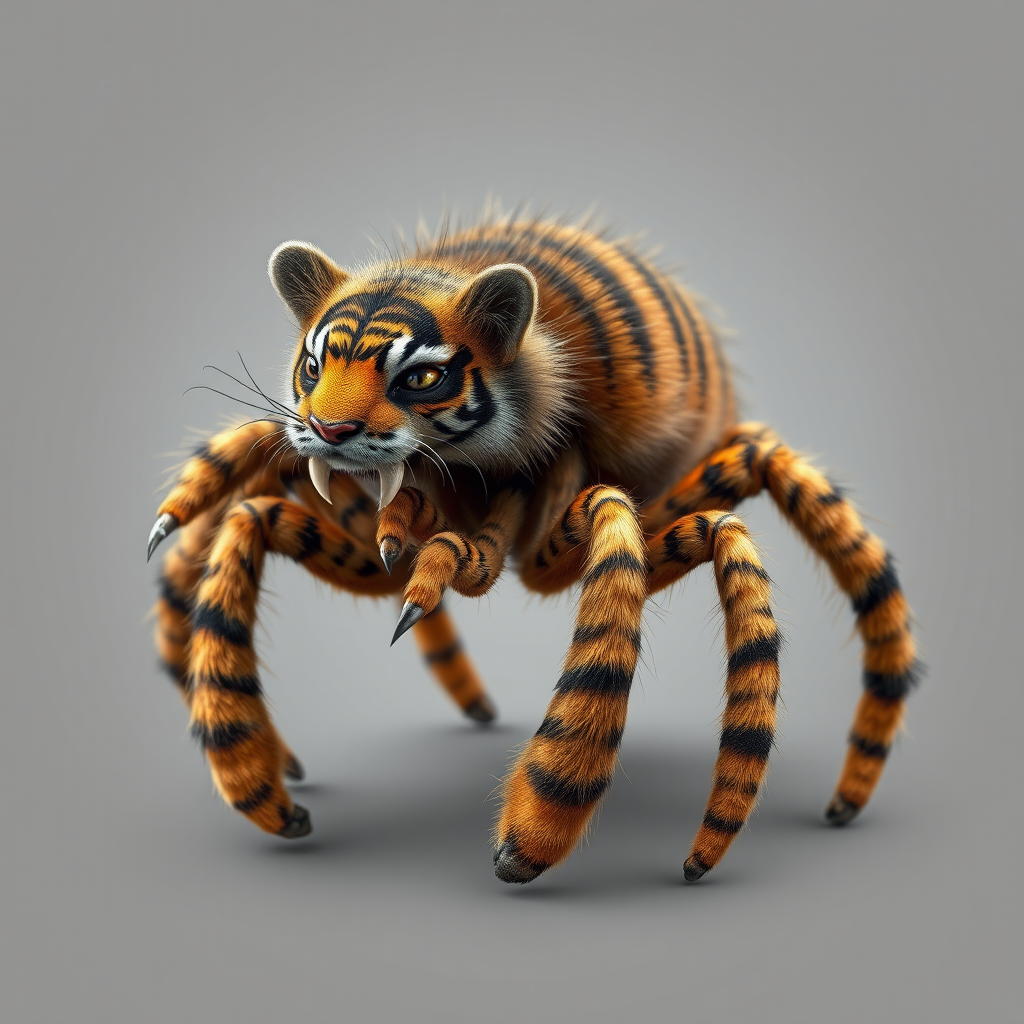 This charming yet frightening Spider Tiger features six legs, a hairy, furry body, and a cat-like tiger physique combined with an insectoid tiger head and tiger legs. The furry head further adds to the creature's unique appearance, creating a captivating blend of cuteness and fear that makes this six-legged, furry, insect-inspired tiger both adorable and scary.