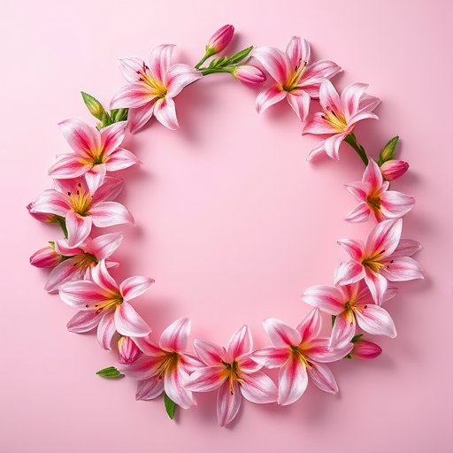 Create a detailed floral wreath of pink lilies arranged in a circular shape on a soft gradient background, captured with a Canon EOS R5, 50mm lens, f/2.8 aperture, ISO 100, in natural light for enhanced color vibrancy.