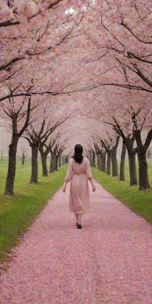Serene countryside road, lined with blooming cherry trees, a woman walks slowly down the path, the pink petals floating through the air around her.