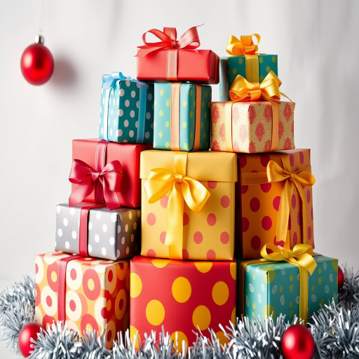 Generate an image of a colorful collection of wrapped gifts stacked together. The presents should feature various patterns and vibrant colors like red, yellow, and blue. Include decorative elements such as ribbons and bows on the gifts. Surround the presents with festive decorations like tinsel and shiny ornaments to create a joyful holiday atmosphere.