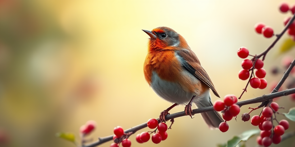 Regenerate a vibrant, detailed illustration of a singing bird perched on a branch with berries in a soft-focus background, using a DSLR camera with a 50mm lens, f/1.8 aperture, ISO 100, natural light, shot from a slight lower angle for depth.