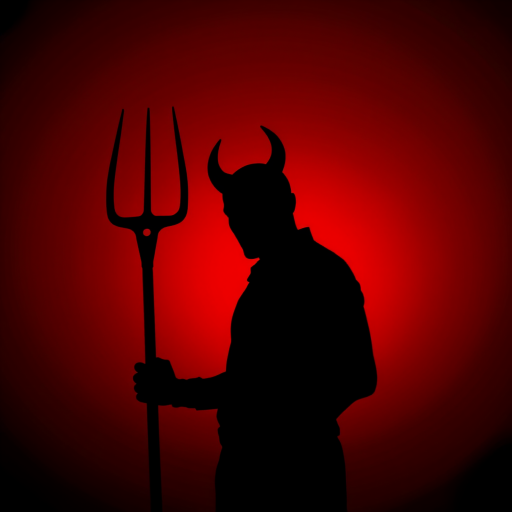 Create a dramatic silhouette of a figure with devil horns holding a pitchfork against a deep red background, shot with a DSLR camera, f/2.8 aperture, ISO 800, 50mm lens, in low light conditions for enhanced contrast and sharpness.