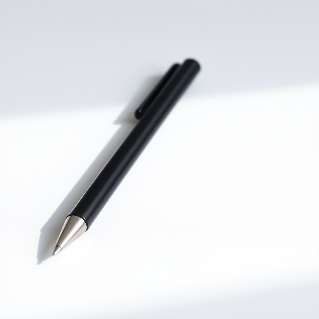 Create an image of a sleek black pen angled diagonally on a plain white background, captured with a DSLR camera at f/2.8 aperture, 50mm lens, ISO 100, with soft natural lighting to enhance the details and texture of the pen.