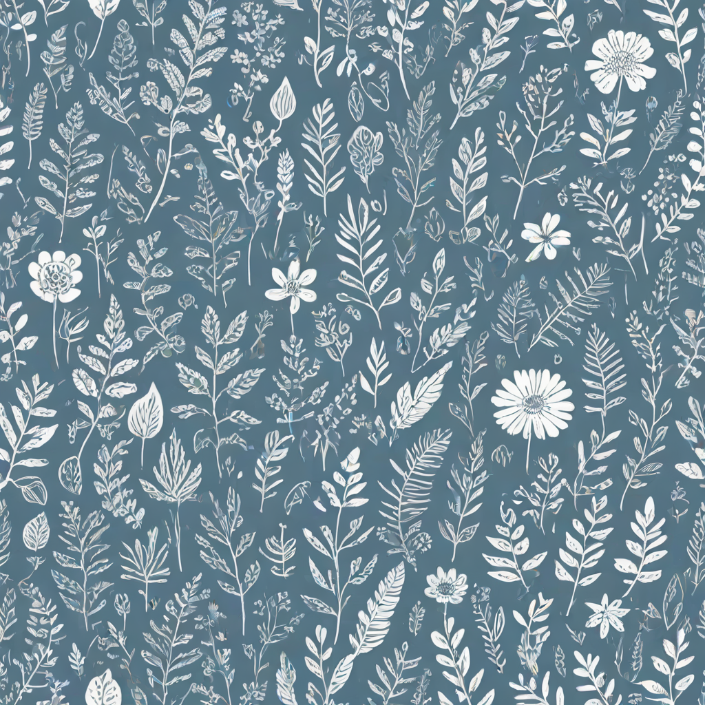 Create a seamless pattern featuring a variety of whimsical hand-drawn floral and leaf designs on a soft blue background. Incorporate different shapes and sizes of plants, including flowers, ferns, and abstract foliage, all outlined in white. The overall style should be playful and organic, with a balanced distribution of elements throughout the composition.
