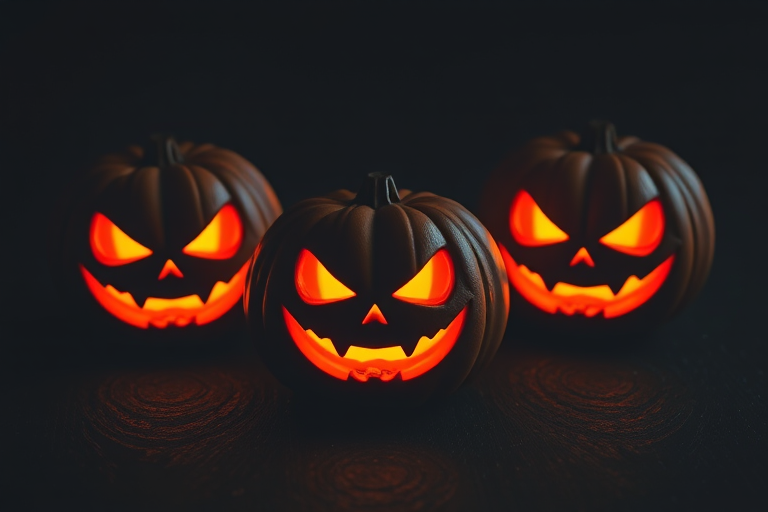 three glowing jack-o'-lanterns with menacing expressions on a dark, textured surface, captured in soft focus at f/2.8, ISO 100, 50mm lens, using a DSLR camera with low lighting to enhance the eerie atmosphere and sharp contrasts