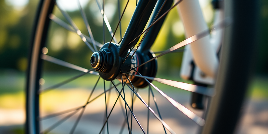 photograph of a bicycle wheel close-up focusing on the hub and spokes, natural sunlight creating a soft bokeh effect, captured with a DSLR camera, aperture f/2.8, shutter speed 1/500s, ISO 100, with a shallow depth of field for enhanced clarity and detail.