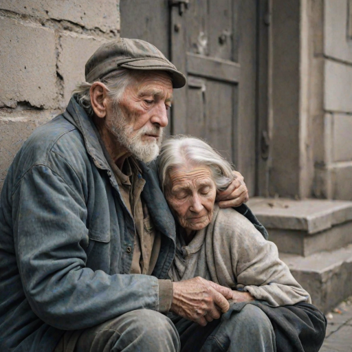 beautifully weathered old homeless veteran sitting on the ground slumping against the wall of a building with his eyes closed. there is an Ethereal, translucent figure of a beautiful elderly woman comforting him