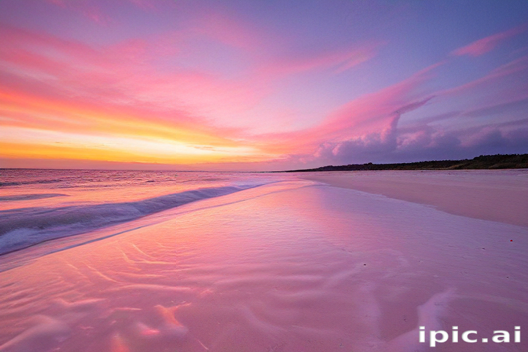 Serene Sunset Over Tranquil Beach with Soft Waves and Vibrant Colors