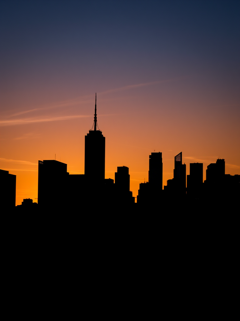 Create a high-resolution silhouette of a city skyline at sunset, shot with a Canon EOS R5 at 50mm, f/8, ISO 100, using a wide-angle lens from a low angle to enhance detail and depth.
