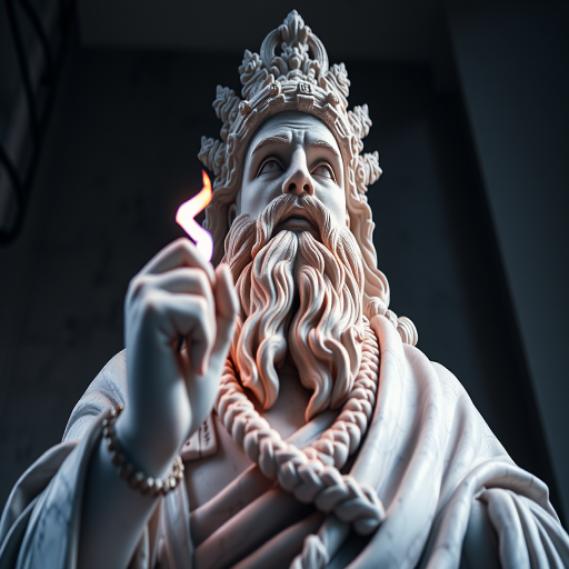A highly detailed marble statue of a bearded god holding a lightning bolt, with intricate textures and dramatic lighting, captured from a low angle using a DSLR camera with a 50mm f/1.8 lens, ISO 100, aperture f/4, and a soft focus effect to enhance depth.