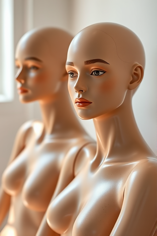 Generate an image of two mannequins sitting side by side, with realistic skin textures and detailed facial features, captured in soft natural light, using a 50mm lens at f/2.8 for shallow depth of field, at a slightly upward angle to enhance the focus on the mannequins, in a shallow depth of field style to blur the background.