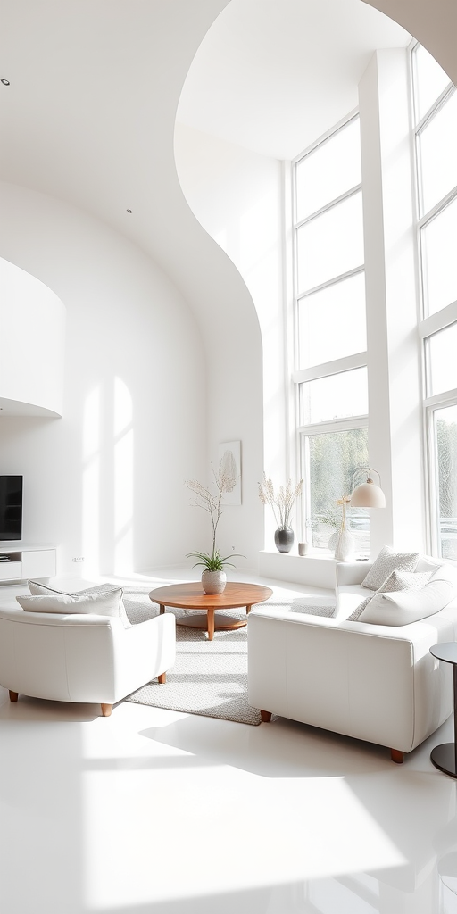 modern minimalist living room with white furnishings and curved architectural elements, natural light streaming through large windows, soft textures, neutral colors --ar 16:9 --v 5 --q 2 --camera settings: ISO 100, f/4, 1/60s --camera view: wide angle, --camera style: contemporary, --camera type: DSLR