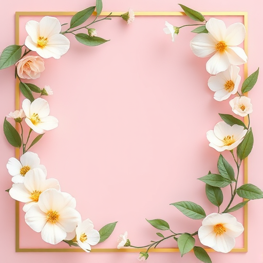 create a floral frame design with soft pink background, white and cream flowers, green leaves, gold border, 50mm lens, f/2.8 aperture, ISO 100, natural lighting, close-up shot, high-resolution digital illustration