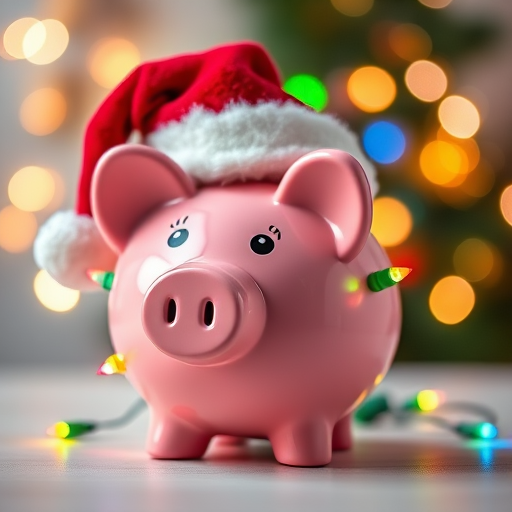 Generate a festive image featuring a pink piggy bank wearing a Santa hat. The piggy bank should be adorned with colorful Christmas lights and set against a soft, blurred background with twinkling holiday lights. The overall mood should be cheerful and whimsical, capturing the spirit of the holiday season.