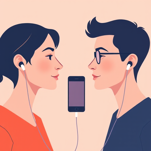 Create a minimalistic digital illustration of two people with earbuds connected by a phone in the middle, soft lighting, high contrast, camera settings f/8, ISO 100, shutter speed 1/60, portrait view, DSLR camera, natural color tones.