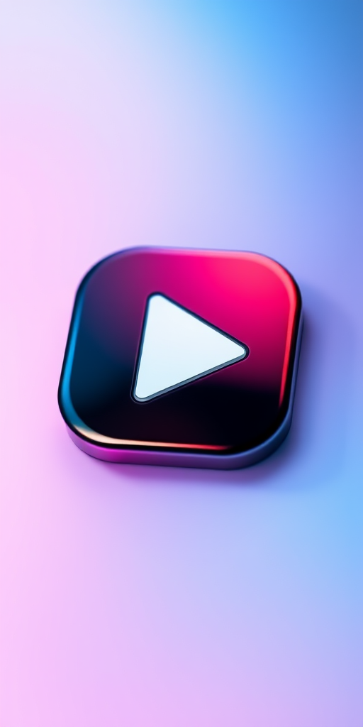 Create a high-resolution image of a play button icon with a glossy finish and smooth gradients, captured with a DSLR camera at f/2.8, ISO 100, and a focal length of 50mm, using a shallow depth of field to focus on the icon while softly blurring the background.