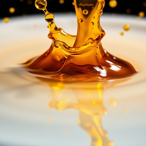 Create an image of a dynamic splash of golden liquid, emphasizing fluid motion, captured with a Canon EOS R5 at ISO 100, f/2.8, 1/1000 sec, in a close-up shot using a macro lens for fine detail and vibrant colors.