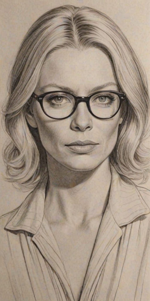 Wonderful Peta Wilson, pencil sketch, portrait of Resplendent woman 1932s in glasses, hair style beatnik, outline, clear lines, fine lines, 8k