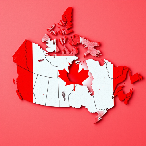 Create a high-resolution image of a stylized map of Canada overlaid with a red and white Canadian flag, using a DSLR camera with a 50mm lens, f/2.8 aperture, ISO 100, natural light, and a top-down view for clarity and detail.