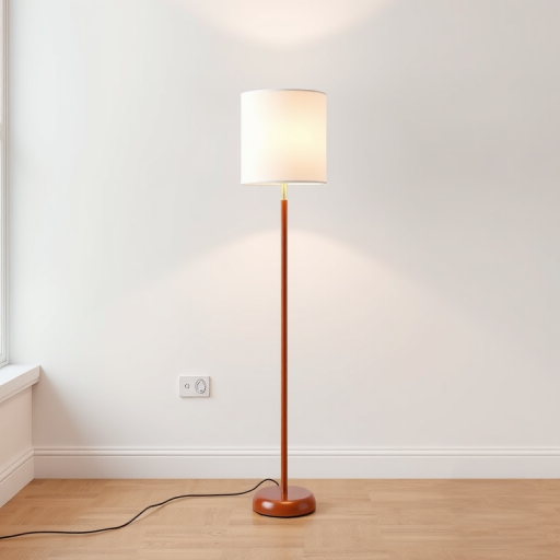 Create a high-resolution image of a modern floor lamp with a white shade and brown base, using a DSLR camera with a 50mm lens, aperture f/2.8, ISO 200, and shot in a well-lit room for enhanced clarity and detail.