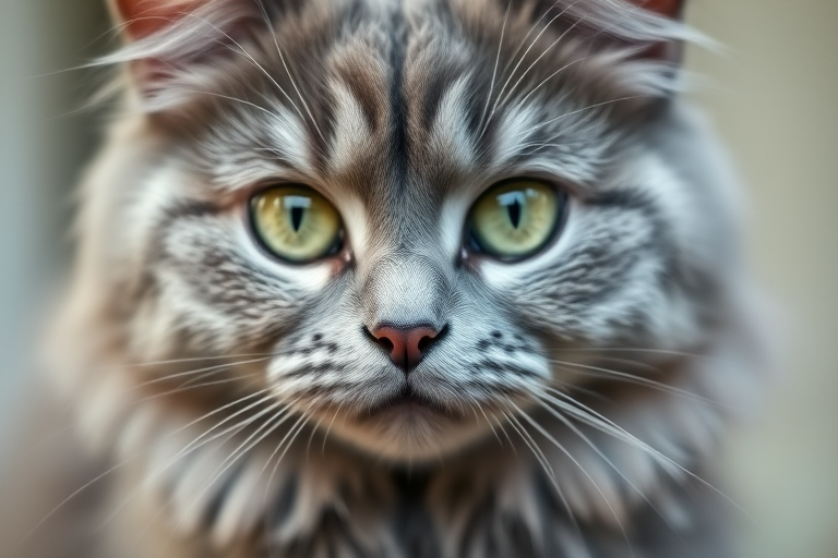 Create a close-up image of a fluffy gray cat with striking green eyes, shallow depth of field, soft natural lighting, DSLR camera, 50mm lens, aperture f/1.8, ISO 200, focus on the cat's face to enhance detail and clarity.