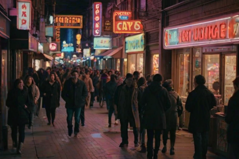 Bustling city street at night, with neon signs illuminating storefronts, people mingling on the sidewalks, and the sound of laughter echoing through the urban landscape.