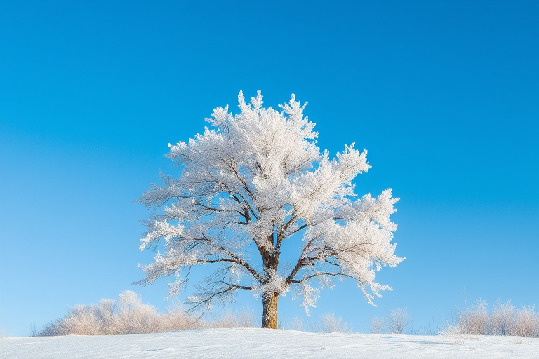 Winter landscape with a frosted tree against a clear blue sky, captured with a Canon EOS 5D Mark IV, 50mm lens, aperture f/8, shutter speed 1/200 sec, ISO 100, focusing on the tree with a shallow depth of field to emphasize the frost.