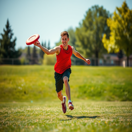 Create a high-resolution image of a dynamic athlete in action throwing a frisbee, using a DSLR camera with a 50mm lens, f/1.8 aperture, ISO 200, shot from a low angle to emphasize movement, in bright outdoor lighting.