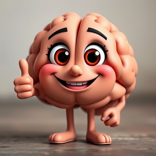 A cheerful cartoon brain character with expressive eyes and a big smile, giving a thumbs up, standing in a playful pose, shot with a DSLR camera, 50mm lens, f/1.8 aperture, ISO 100, natural lighting, slightly blurred background for emphasis on the character.
