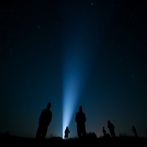 Night sky with stars and a bright beam of light cutting through the darkness, silhouetted figures observing the scene, captured with a Canon EOS 5D Mark IV, ISO 1600, f/2.8, 30 seconds exposure, wide-angle lens at 24mm, low angle view for dramatic effect.
