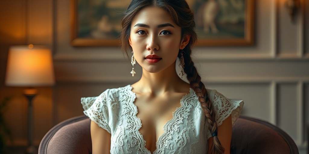 Create a portrait of a refined and elegant Mongolian woman seated in a sophisticated setting. She has long, wavy hair styled in two thick braids that are pulled over her shoulders. She wears a white, lace gown with intricate patterns, featuring a deep V-neckline and short sleeves. The dress exudes a vintage charm with its delicate lacework. She is adorned with ornate, dangling earrings that add a touch of glamour to her appearance. The background is softly lit, with warm, ambient lighting that creates a cozy and inviting atmosphere. Her expression is poised and serene, capturing a sense of grace and elegance.
