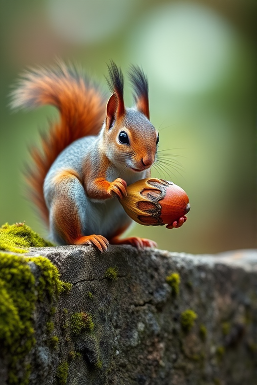 Capture a high-resolution image of a squirrel holding an acorn on a moss-covered wall, shot with a Canon EOS 5D Mark IV, 50mm lens, f/2.8 aperture, ISO 100, shutter speed 1/200 sec, with a shallow depth of field and soft background blur.