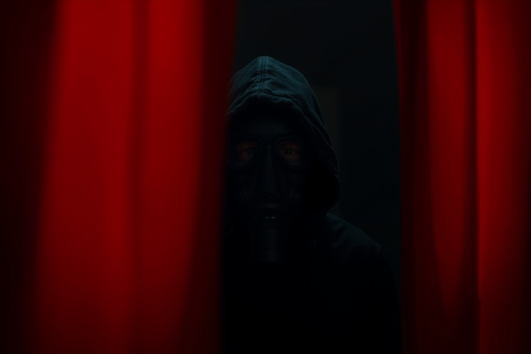 Create a dark, atmospheric image of a figure in a gas mask peeking through a red curtain in a dimly lit room, using a Canon EOS 5D Mark IV with a 50mm f/1.8 lens, aperture set to f/2.8, ISO 800, and a shallow depth of field for enhanced focus on the figure.