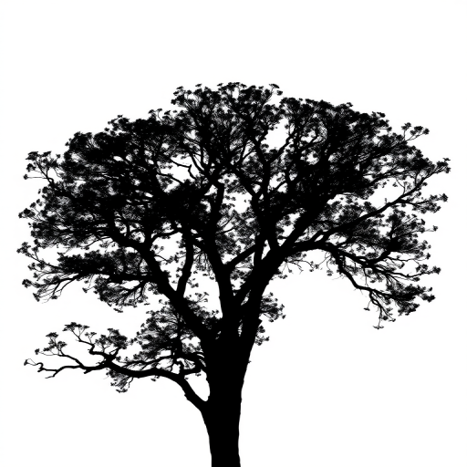 Create a high-contrast black silhouette of a tree on a white background, using a DSLR camera, aperture f/8, ISO 100, focal length 50mm, shot from a low angle to enhance depth and detail.