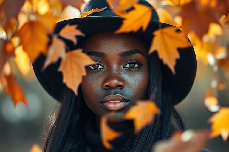 portrait of a woman with dark skin wearing a black hat, surrounded by floating autumn leaves, soft natural lighting, depth of field, 50mm lens, f/1.8 aperture,ISO 100, taken with a DSLR camera