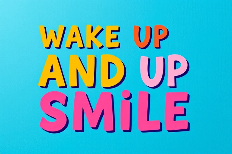 Create a vibrant graphic design with the text "WAKE UP AND SMILE" in bold, playful font, incorporating a stylized mouth illustration, in a bright color palette against a textured blue background, captured with a DSLR camera at f/2.8, ISO 100, 50mm lens, and shot from a slightly elevated angle for depth and emphasis.