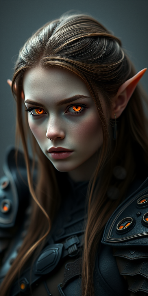 Create a hyper-realistic portrait of a female fantasy character with long brown hair and pointed ears, glowing orange eyes, wearing intricate dark armor, captured in a studio with soft diffused lighting, 85mm lens, f/1.4 aperture, ISO 100, 1/200 sec shutter speed, focusing on facial details and textures.