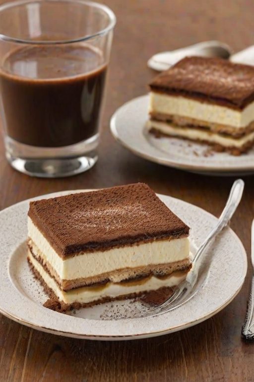 Generate an image of a sliced tiramisu dessert with layers of coffee-soaked ladyfingers and creamy mascarpone cheese, topped with a dusting of cocoa powder. The dessert should be displayed in a glass dish, showing the distinct layers and texture.
