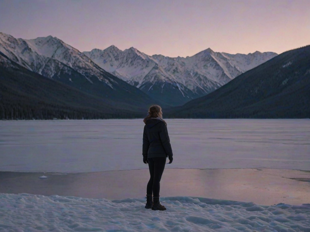 Woman standing on the shore of a frozen lake, her breath visible in the cold air, with snow-covered mountains in the background, and the soft glow of twilight on the horizon.